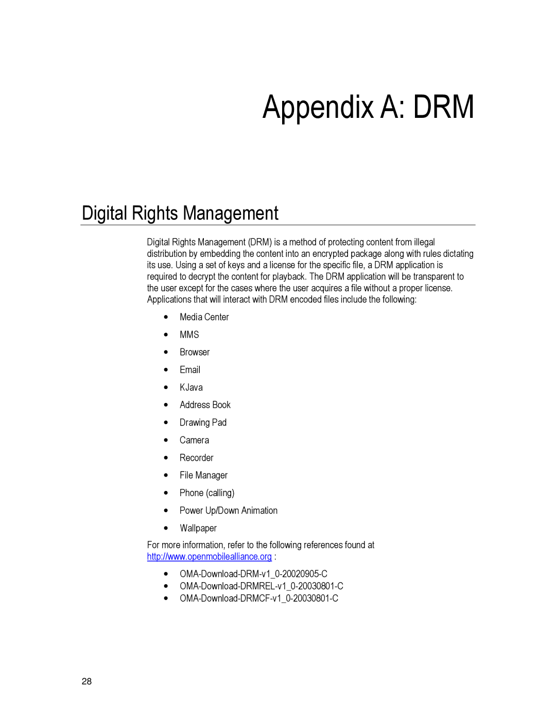 Motorola K3 technical manual Appendix a DRM, Digital Rights Management, Media Center, Mms 