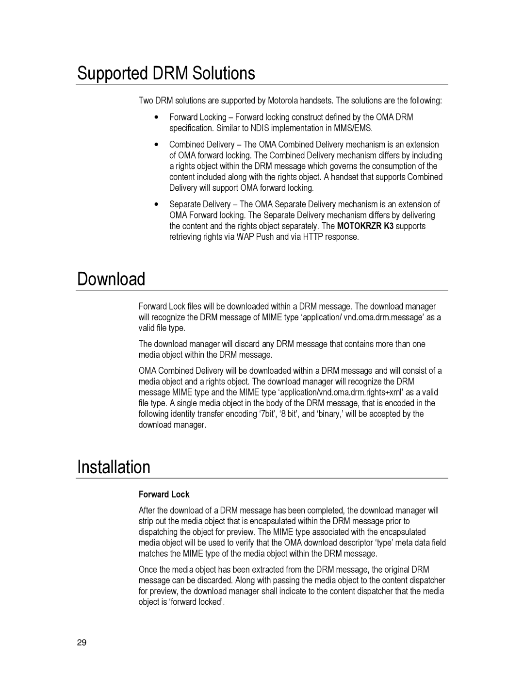 Motorola K3 technical manual Supported DRM Solutions, Download, Installation, Forward Lock 