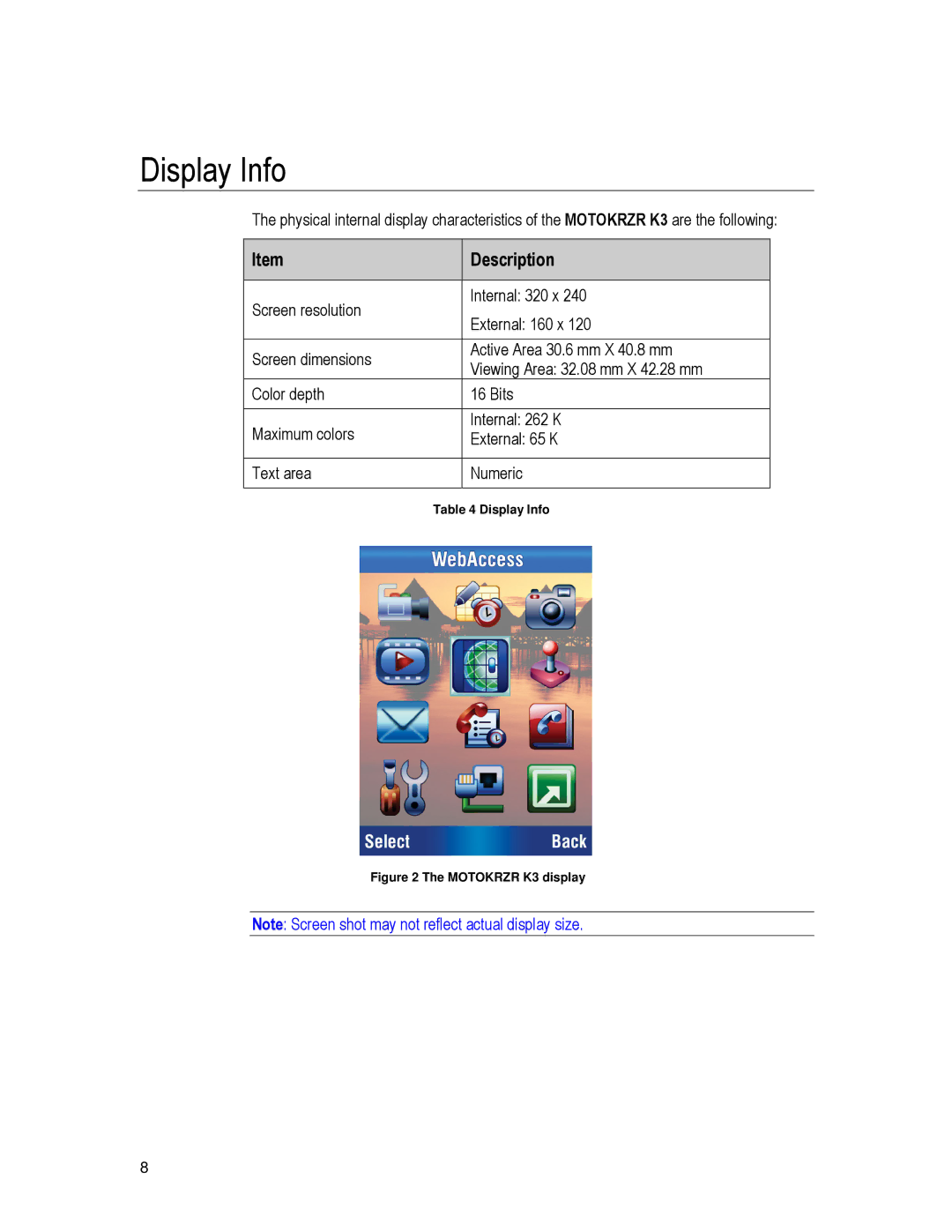 Motorola K3 technical manual Display Info, Description 