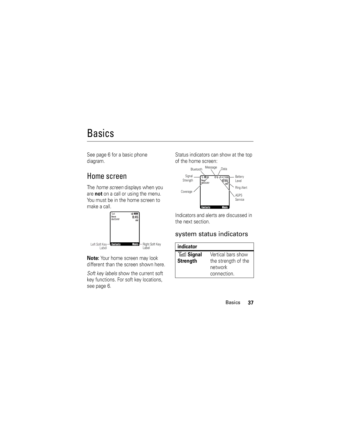 Motorola KRZR K1m manual Basics, Home screen, System status indicators, Indicator 