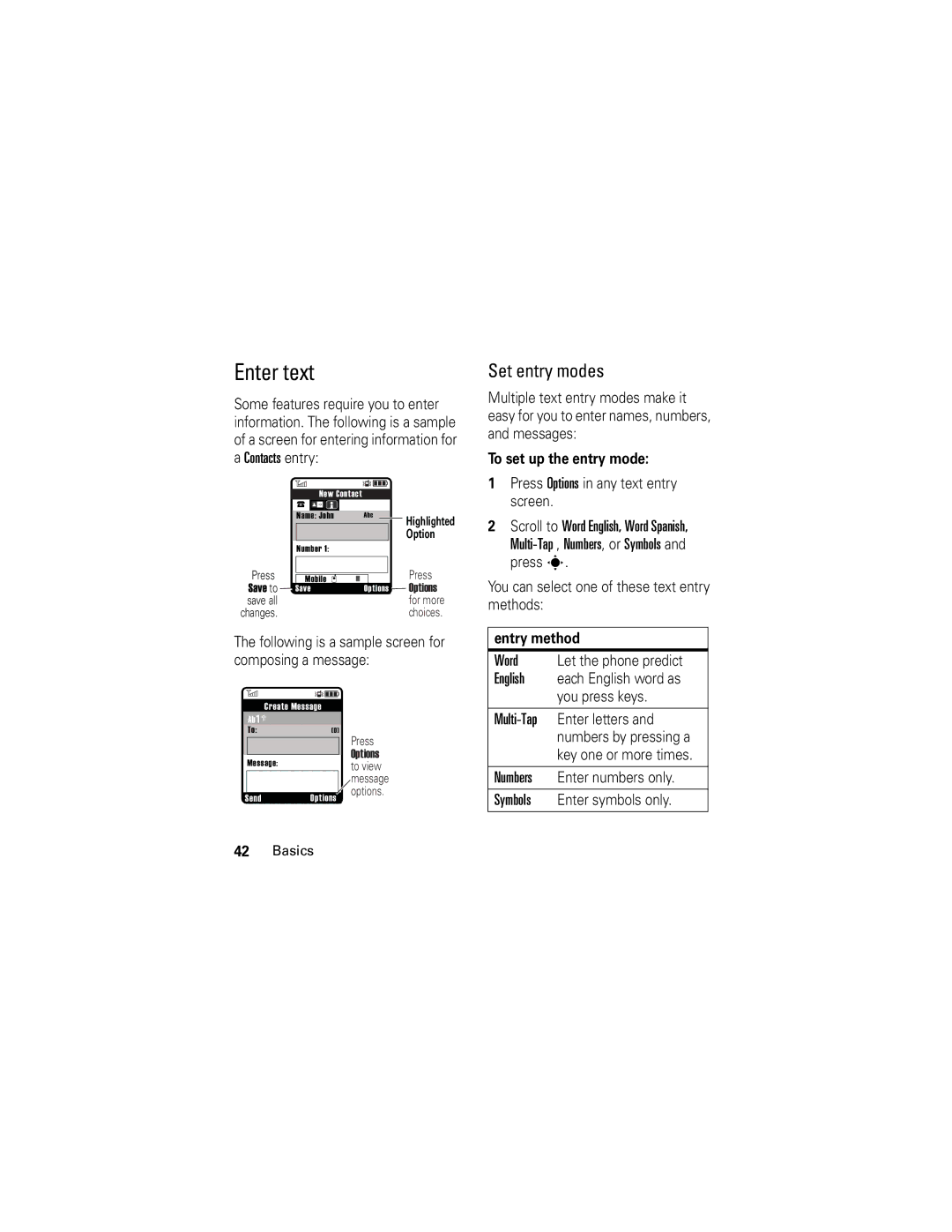 Motorola KRZR K1m manual Enter text, Set entry modes, To set up the entry mode, Entry method 