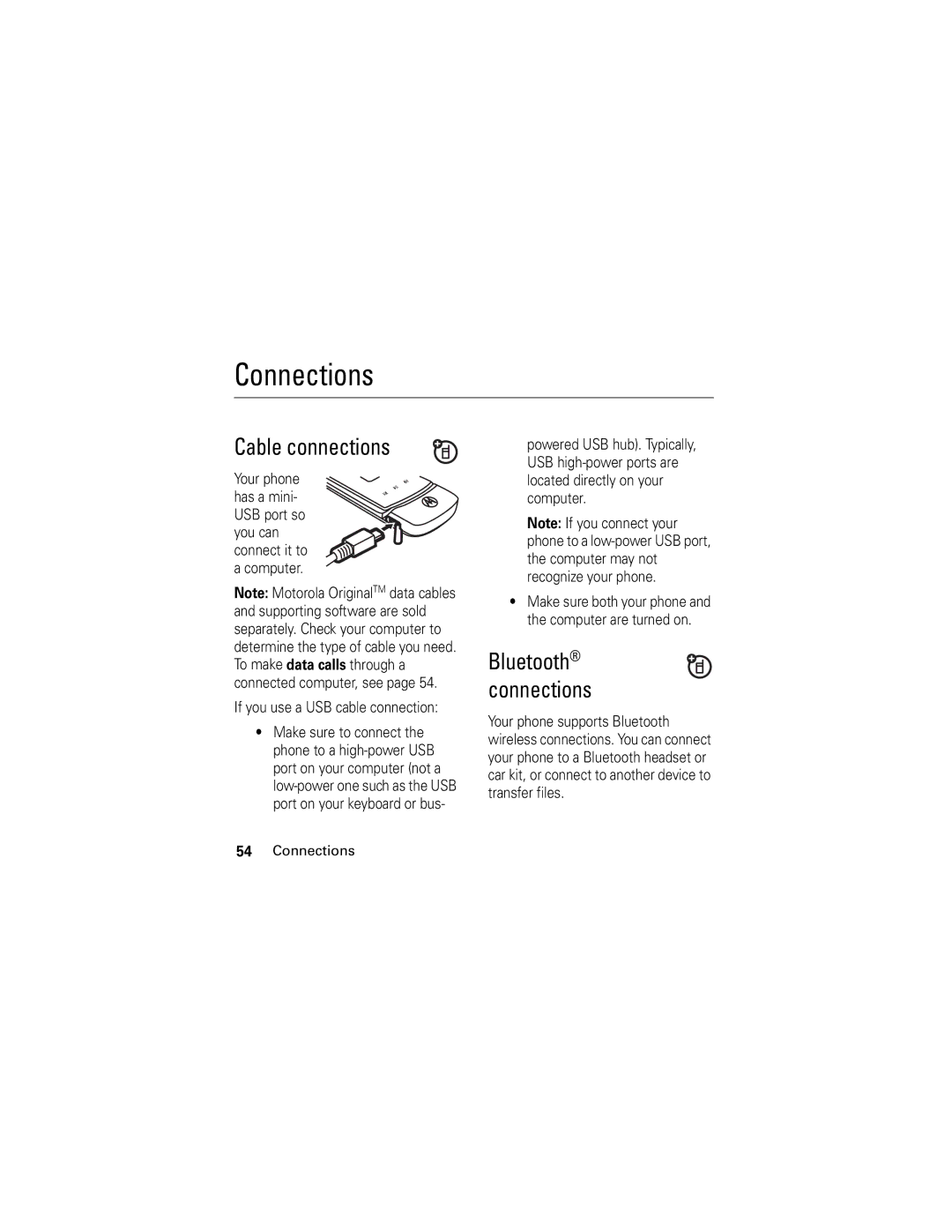 Motorola KRZR K1m manual Connections, Cable connections, If you use a USB cable connection 