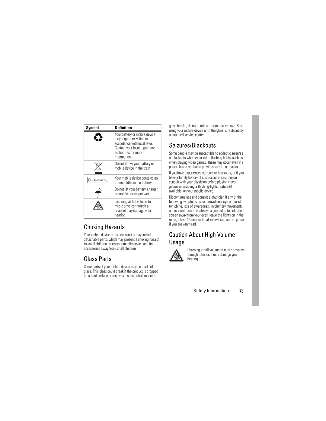 Motorola KRZR K1m manual Choking Hazards, Glass Parts, Seizures/Blackouts 