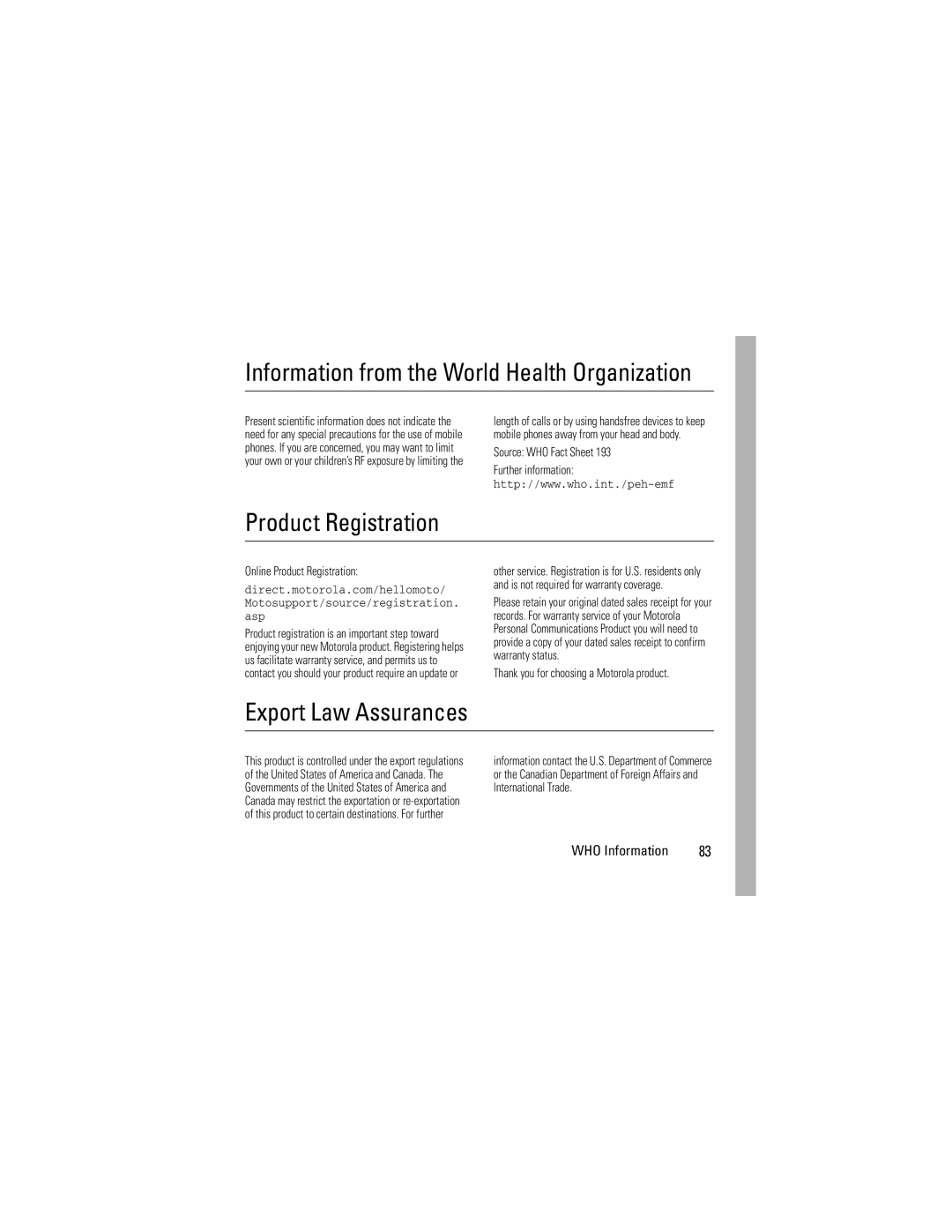 Motorola KRZR K1m manual Information from the World Health Organization, Product Registration, Export Law Assurances 