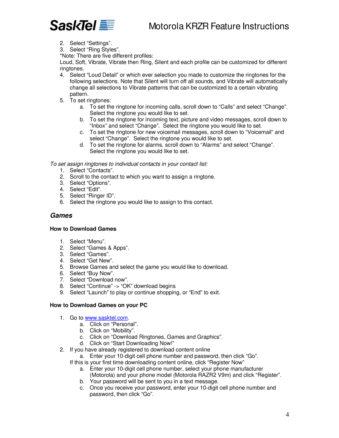 Motorola KRZR manual How to Download Games on your PC 