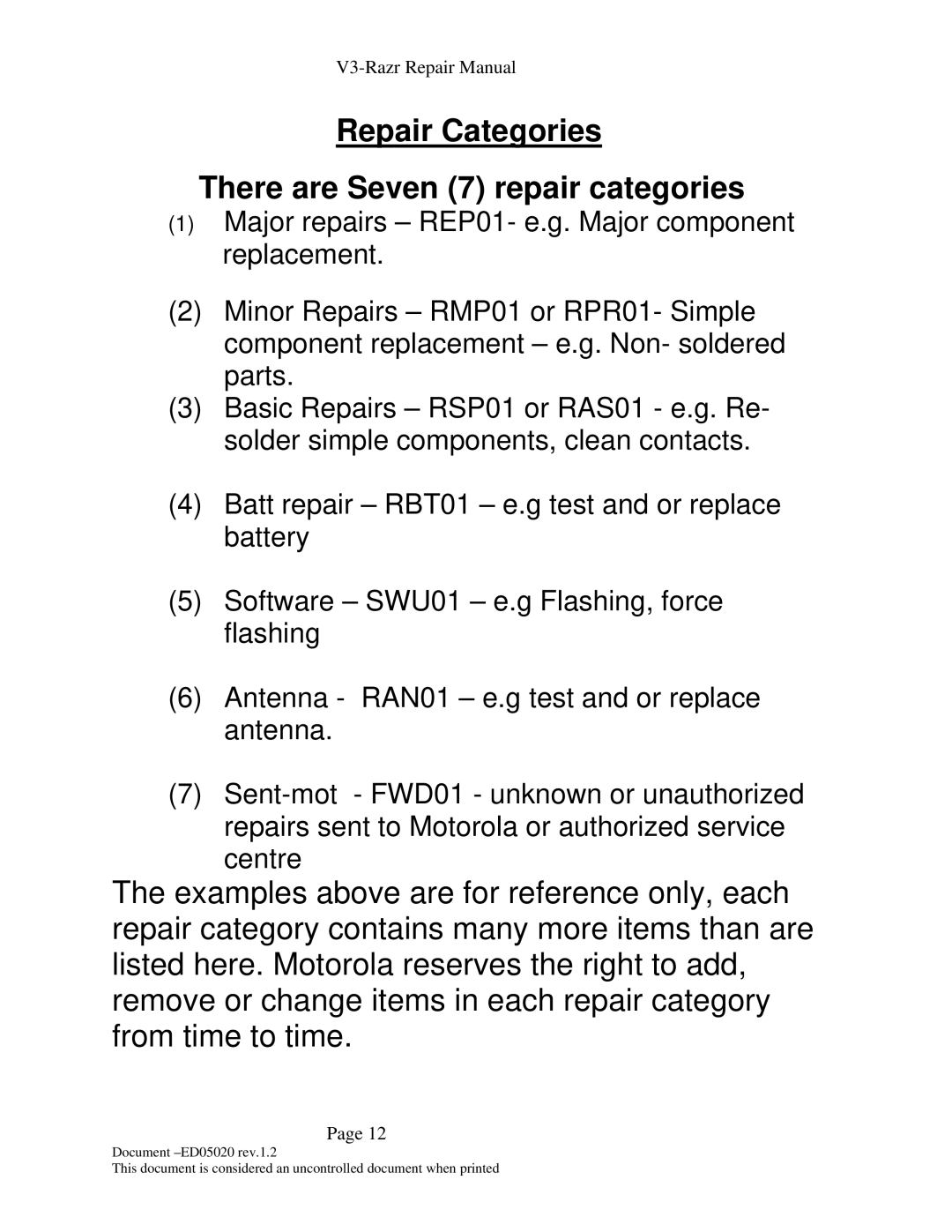 Motorola KS-042050-V1.2 manual Repair Categories There are Seven 7 repair categories 