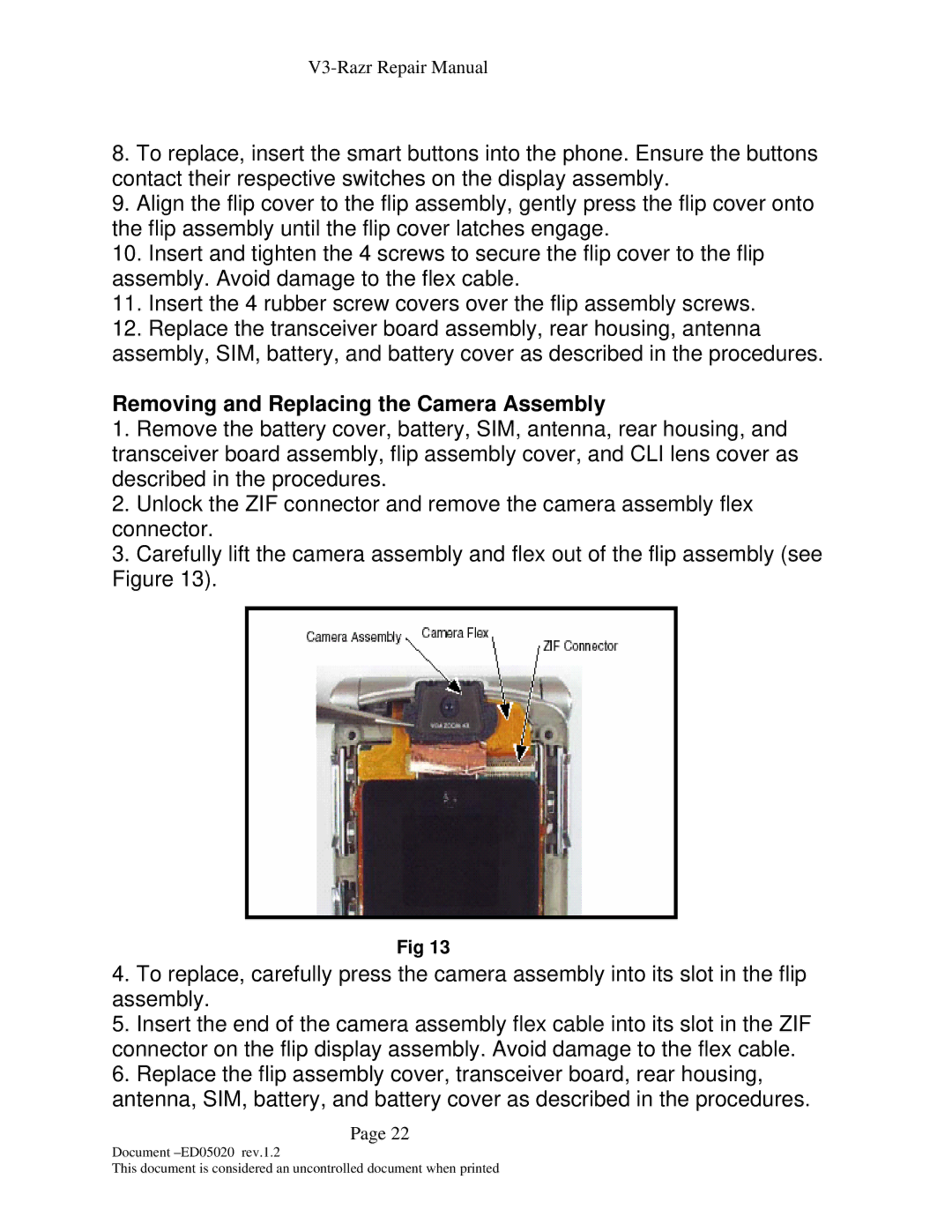 Motorola KS-042050-V1.2 manual Removing and Replacing the Camera Assembly 