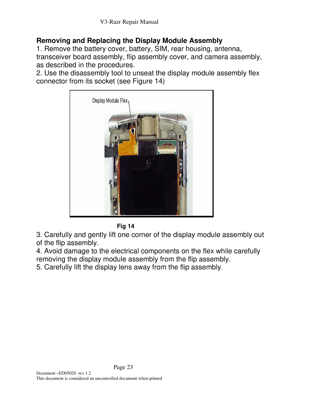 Motorola KS-042050-V1.2 manual Removing and Replacing the Display Module Assembly 