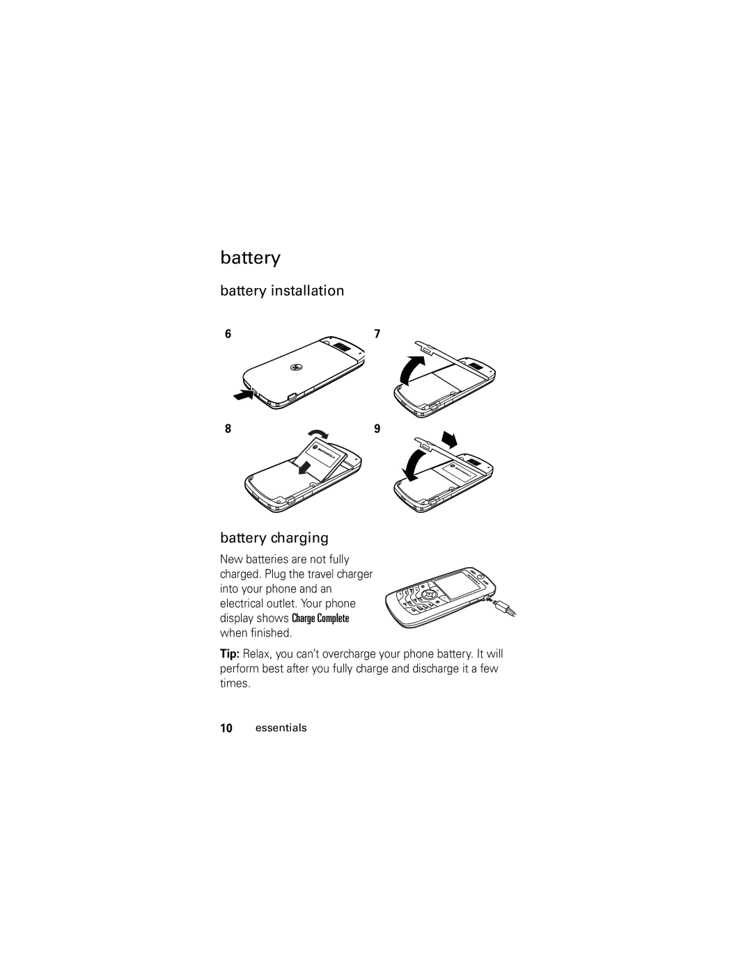 Motorola L2 GSM manual Battery installation Battery charging 