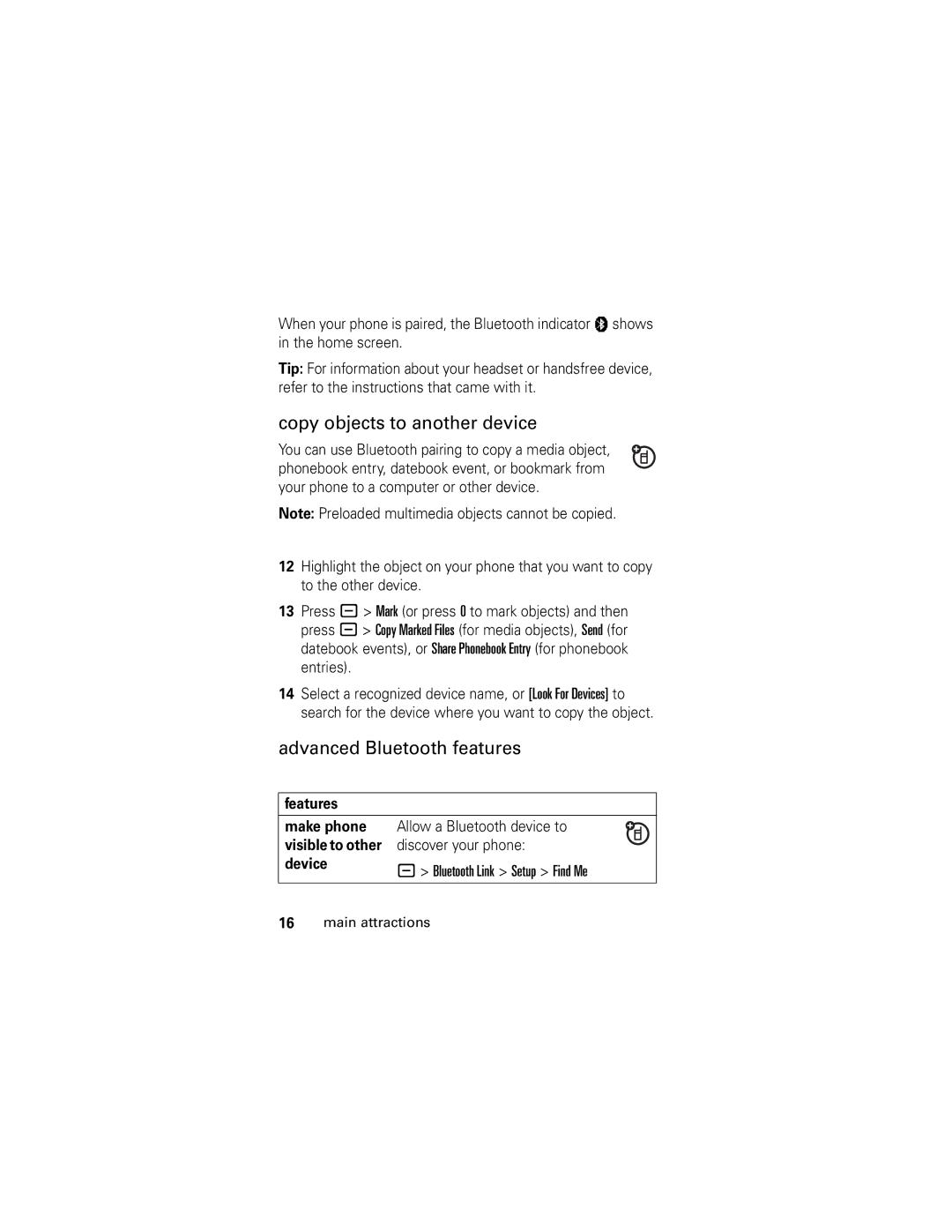 Motorola L2 GSM manual Copy objects to another device, Advanced Bluetooth features 