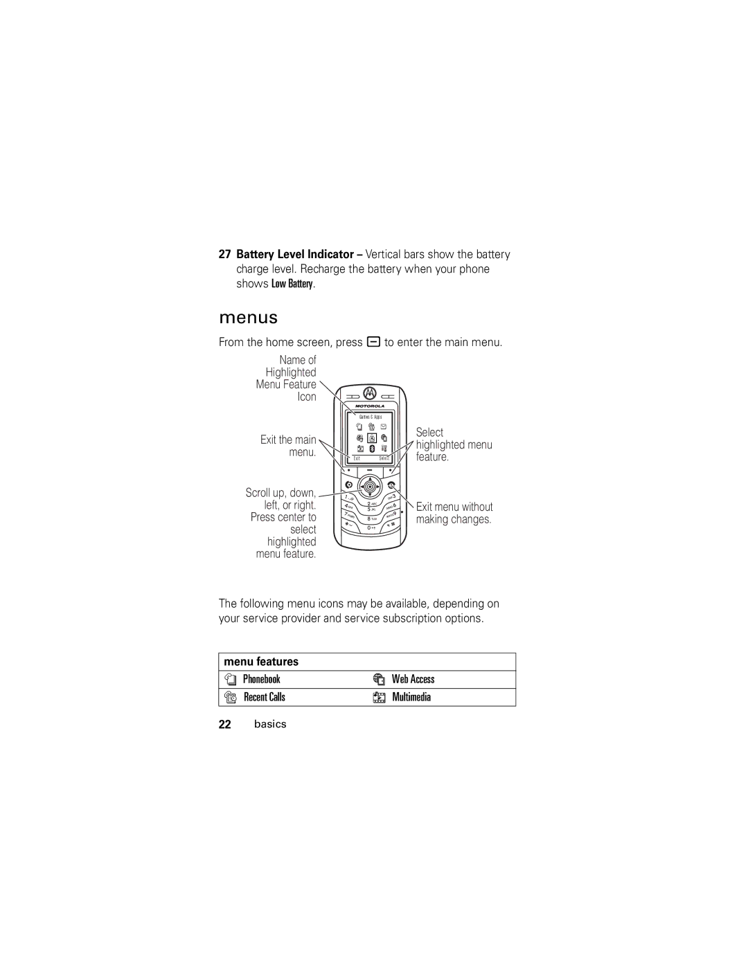 Motorola L2 GSM manual Menus, From the home screen, press to enter the main menu, Menu features 