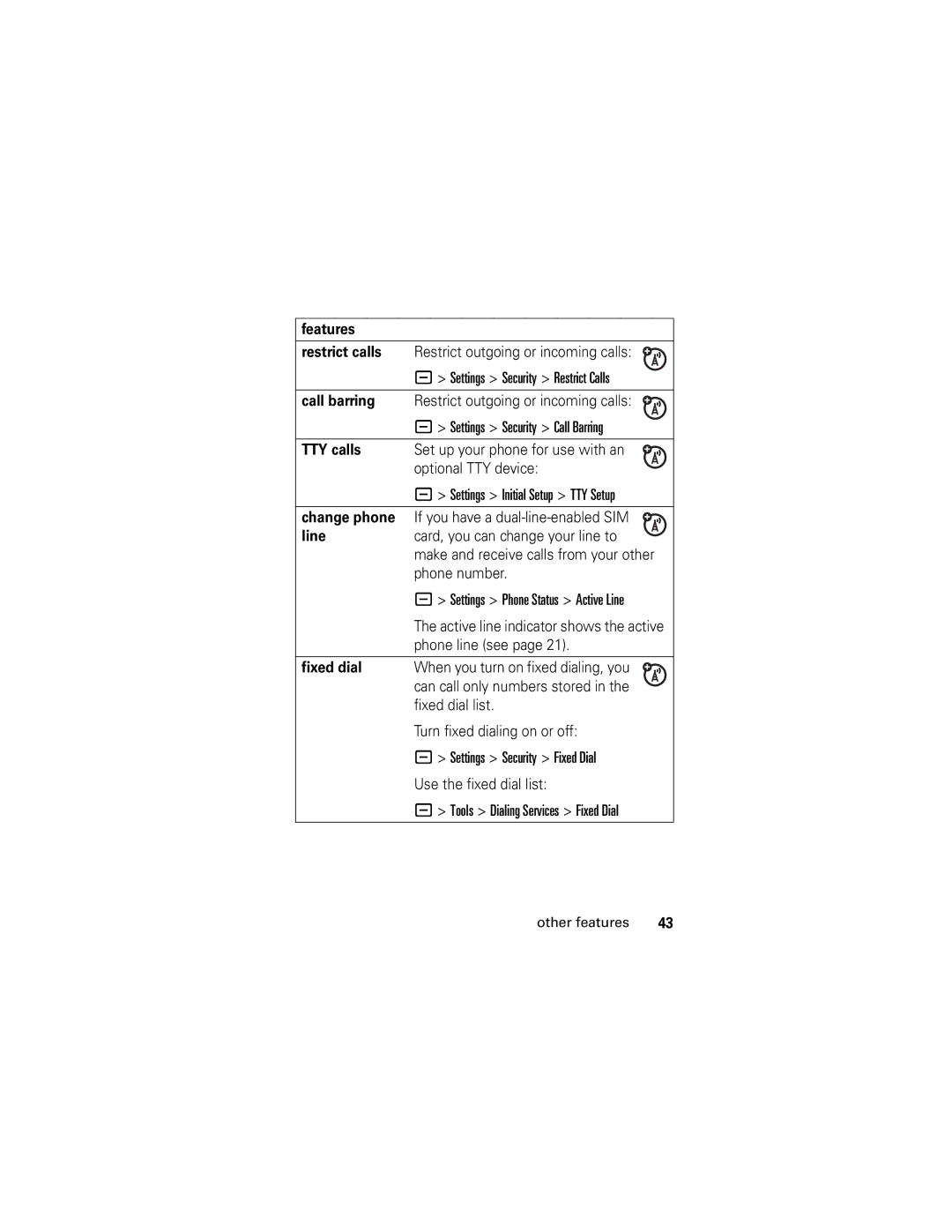 Motorola L2 GSM manual Features Restrict calls, Call barring, TTY calls, Change phone, Line, Fixed dial 