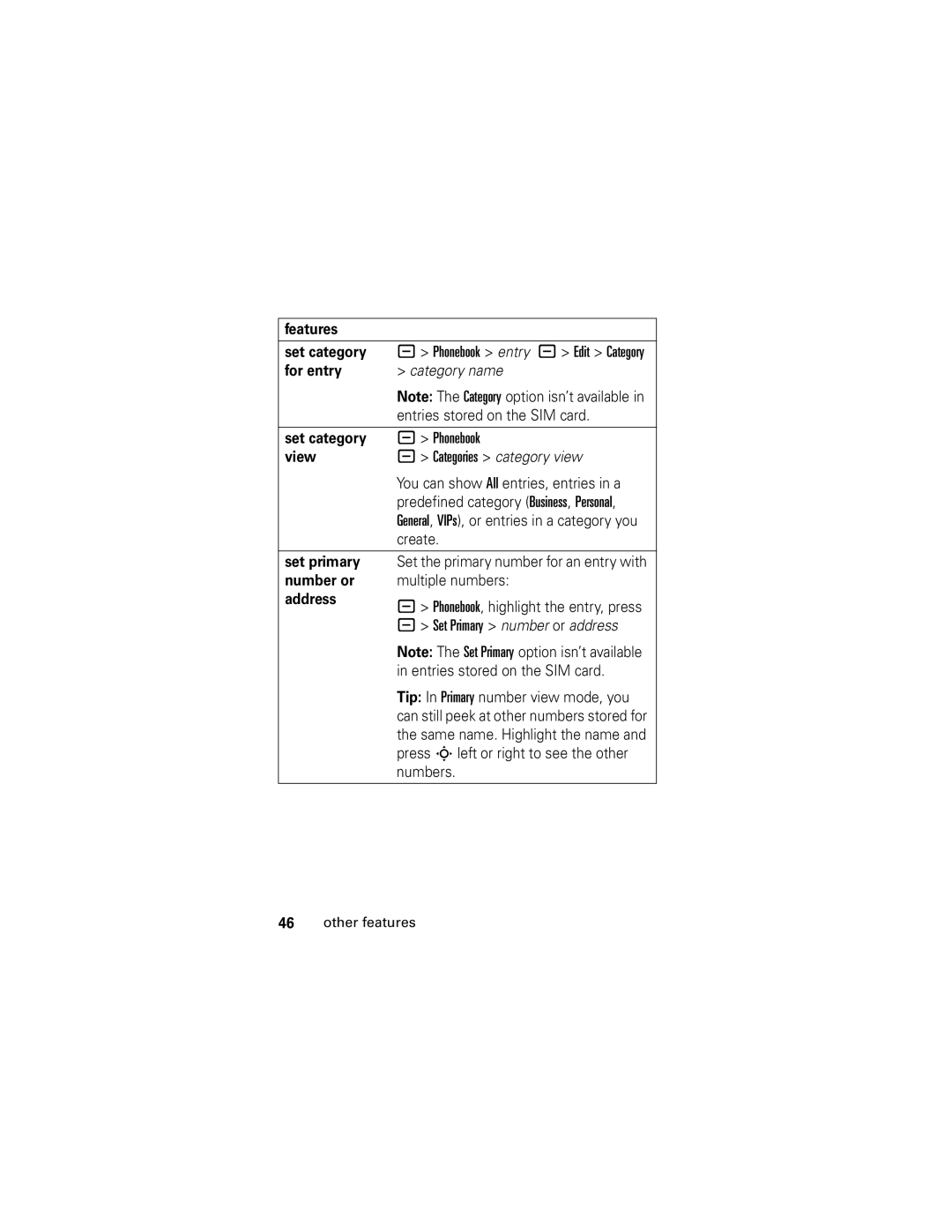 Motorola L2 GSM manual Features Set category, View, Set primary, Number or, Address 