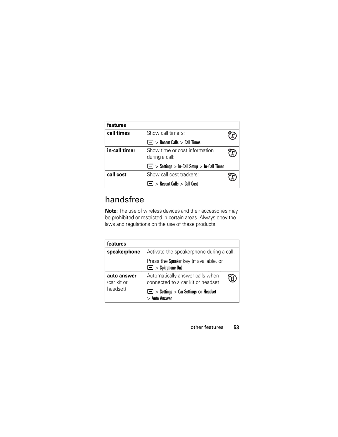 Motorola L2 GSM manual Handsfree, Features Call times, In-call timer, Call cost 