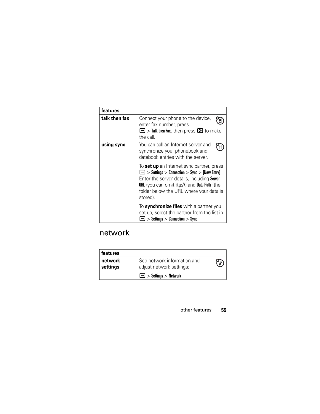 Motorola L2 GSM manual To set up an Internet sync partner, press, Settings Connection Sync, Features Network 