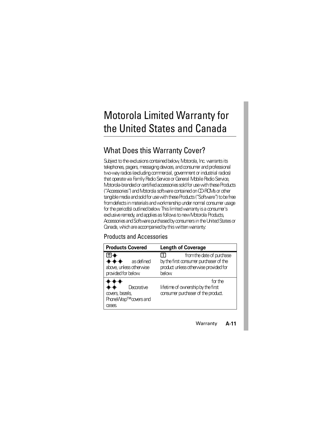 Motorola L2 GSM manual What Does this Warranty Cover?, Products and Accessories, Products Covered Length of Coverage 