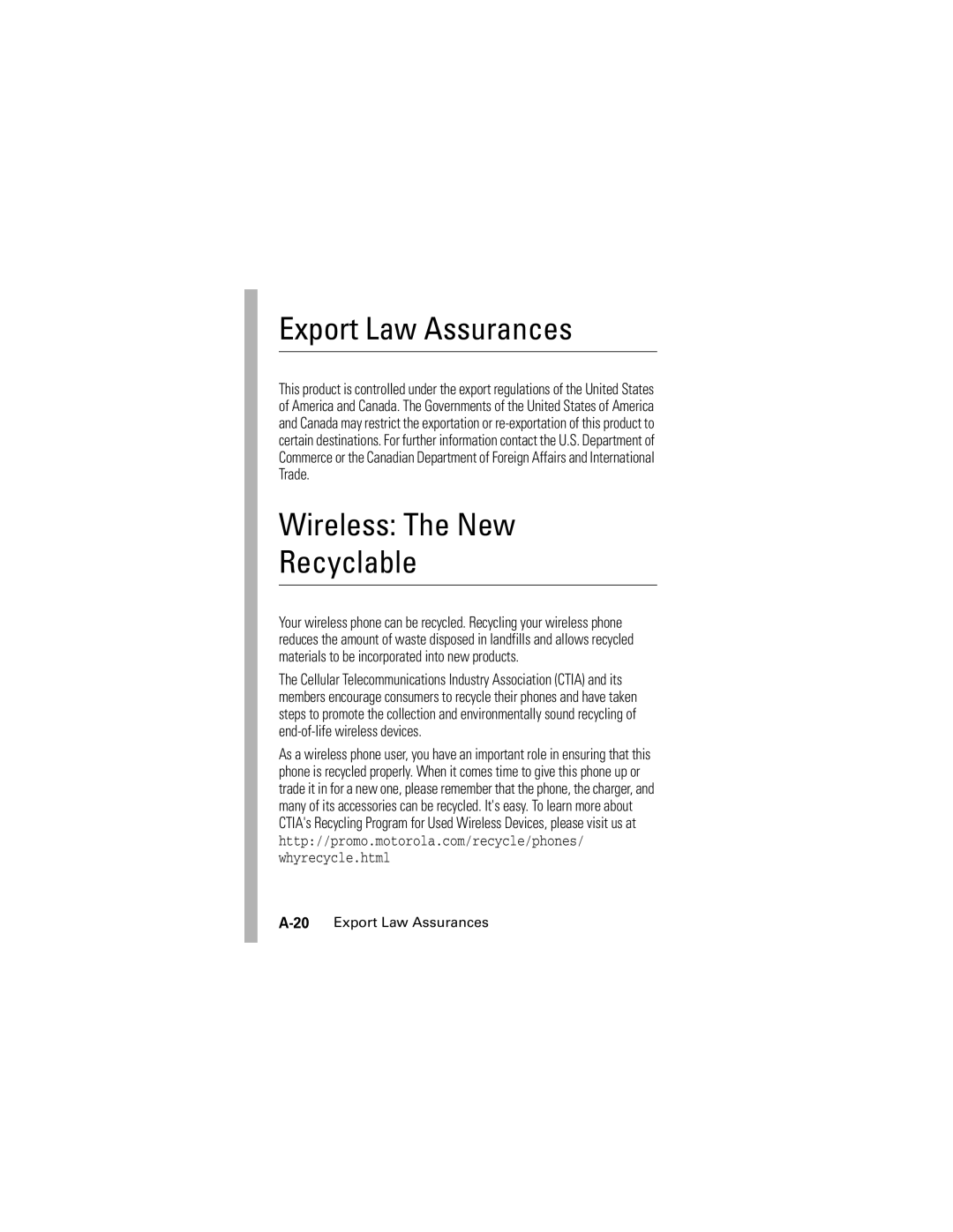 Motorola L2 GSM manual Export Law Assurances, Wireless The New Recyclable 