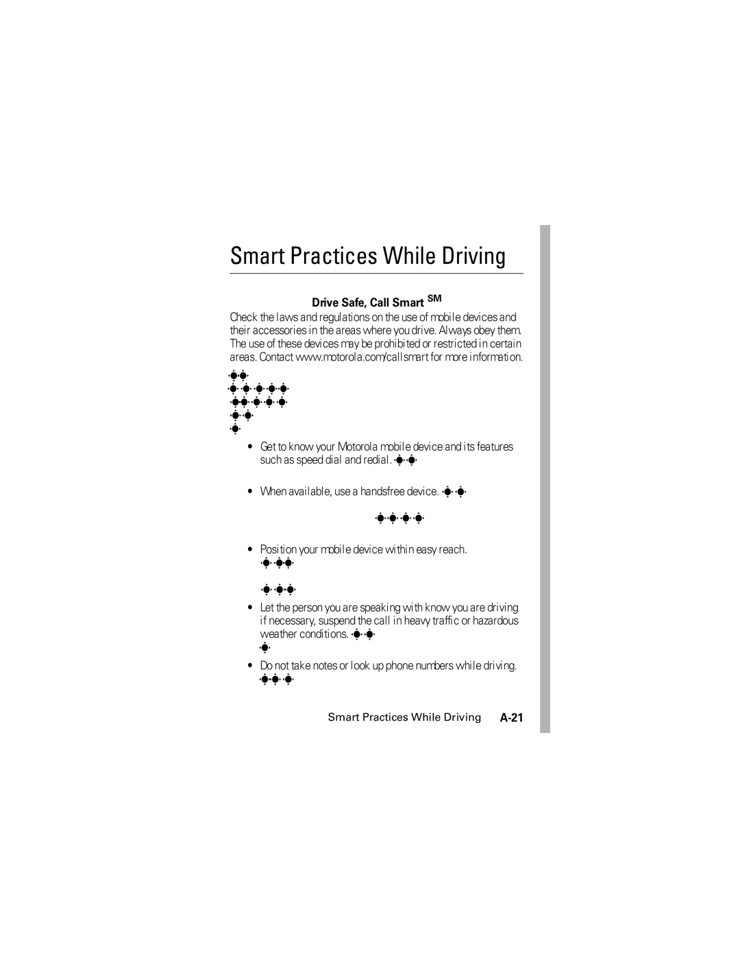 Motorola L2 GSM manual Smart Practices While Driving, Drive Safe, Call Smart SM 