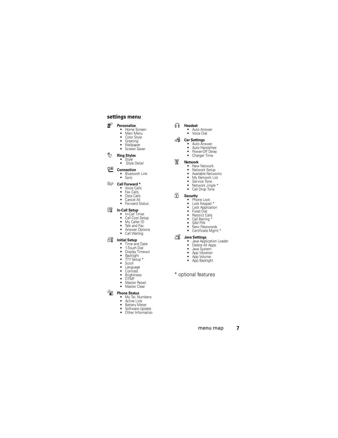 Motorola L2 GSM manual Settings menu, Optional features 