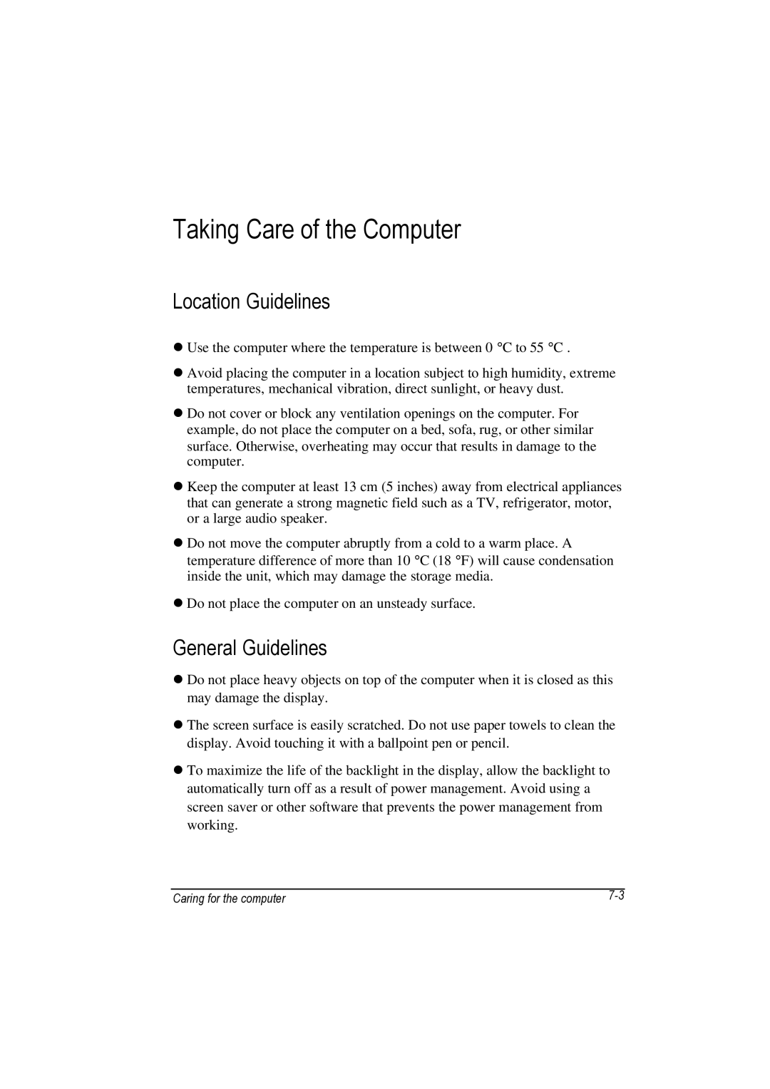 Motorola L3392, L3391 owner manual Taking Care of the Computer, Location Guidelines, General Guidelines 