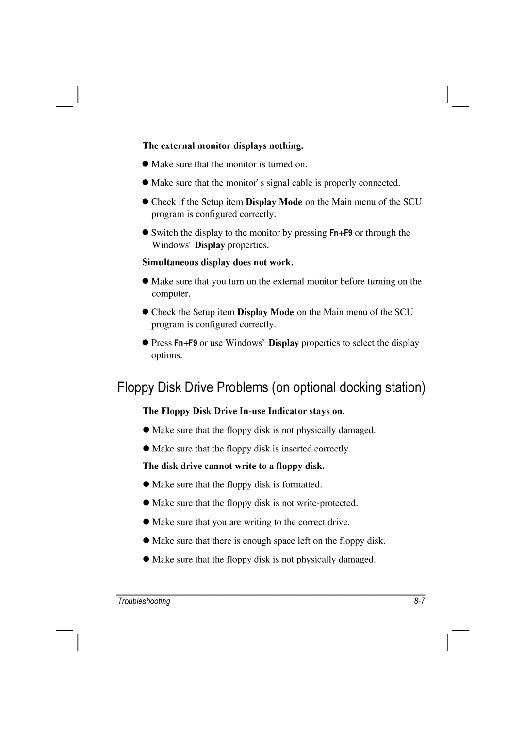 Motorola L3392, L3391 owner manual Floppy Disk Drive Problems on optional docking station, External monitor displays nothing 