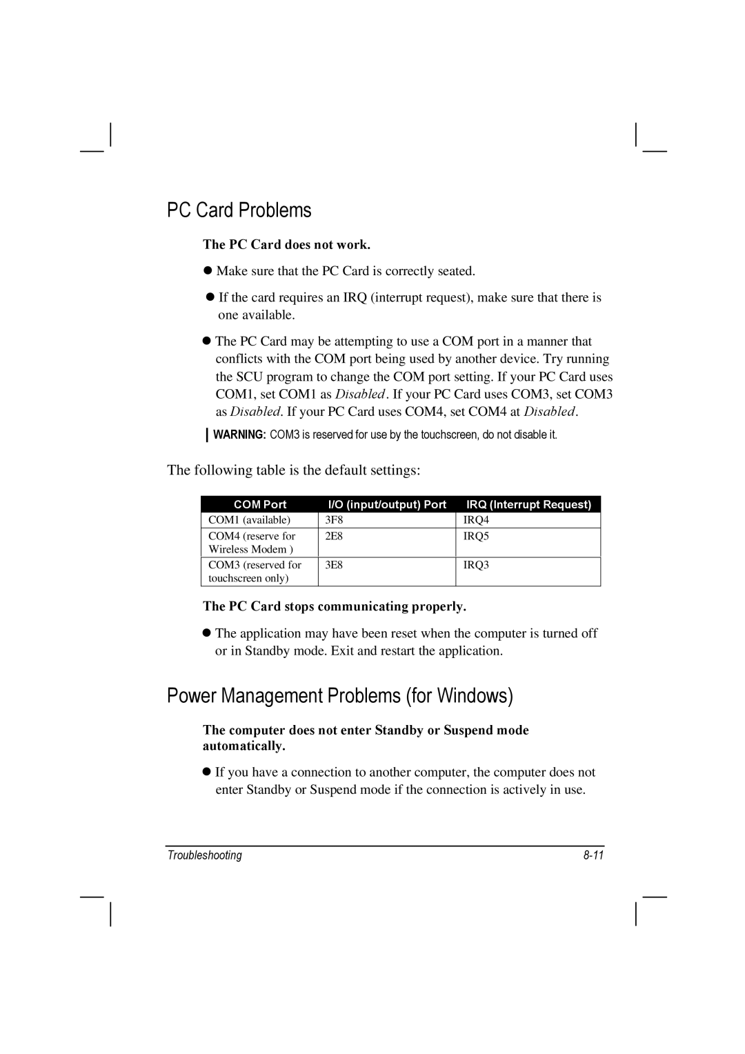 Motorola L3392, L3391 PC Card Problems, Power Management Problems for Windows, Following table is the default settings 