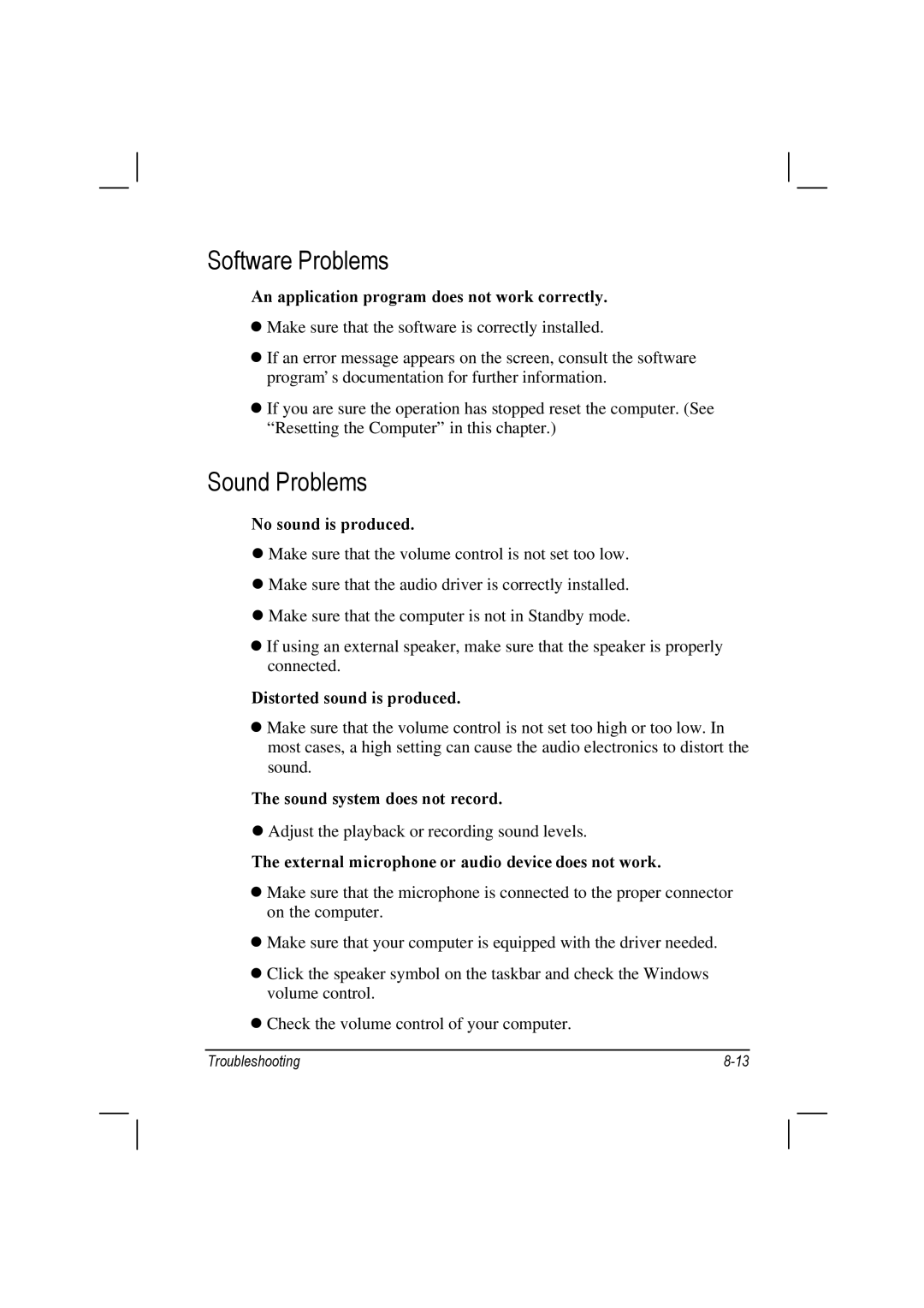 Motorola L3392, L3391 owner manual Software Problems, Sound Problems 