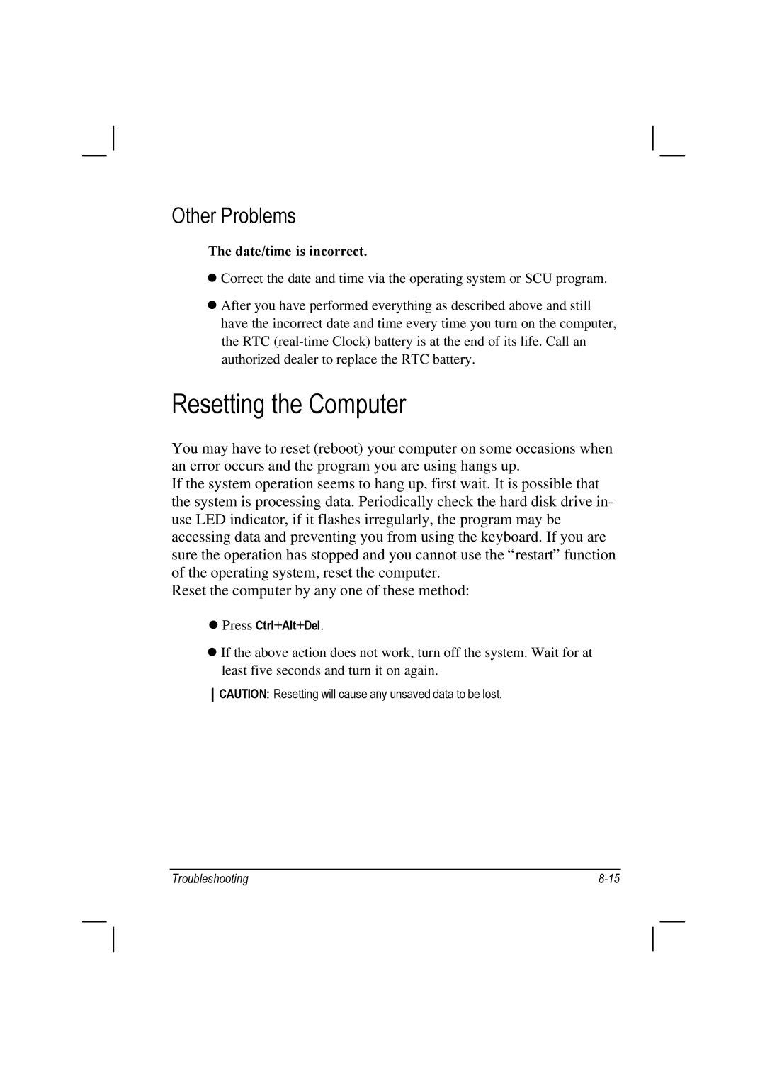 Motorola L3392, L3391 owner manual Resetting the Computer, Other Problems, Date/time is incorrect 