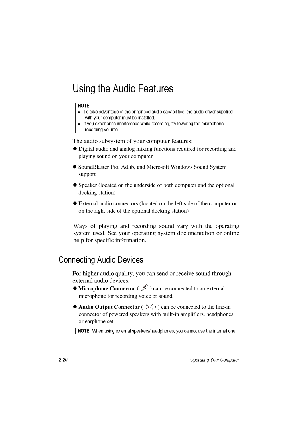 Motorola L3391, L3392 Using the Audio Features, Connecting Audio Devices, Audio subsystem of your computer features 