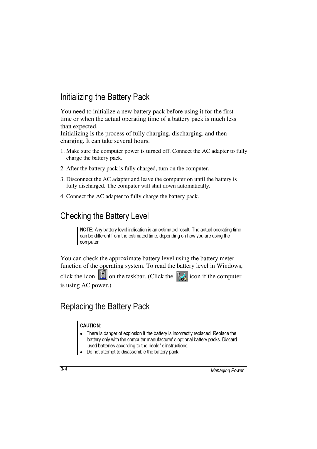 Motorola L3391, L3392 owner manual Initializing the Battery Pack, Checking the Battery Level, Replacing the Battery Pack 