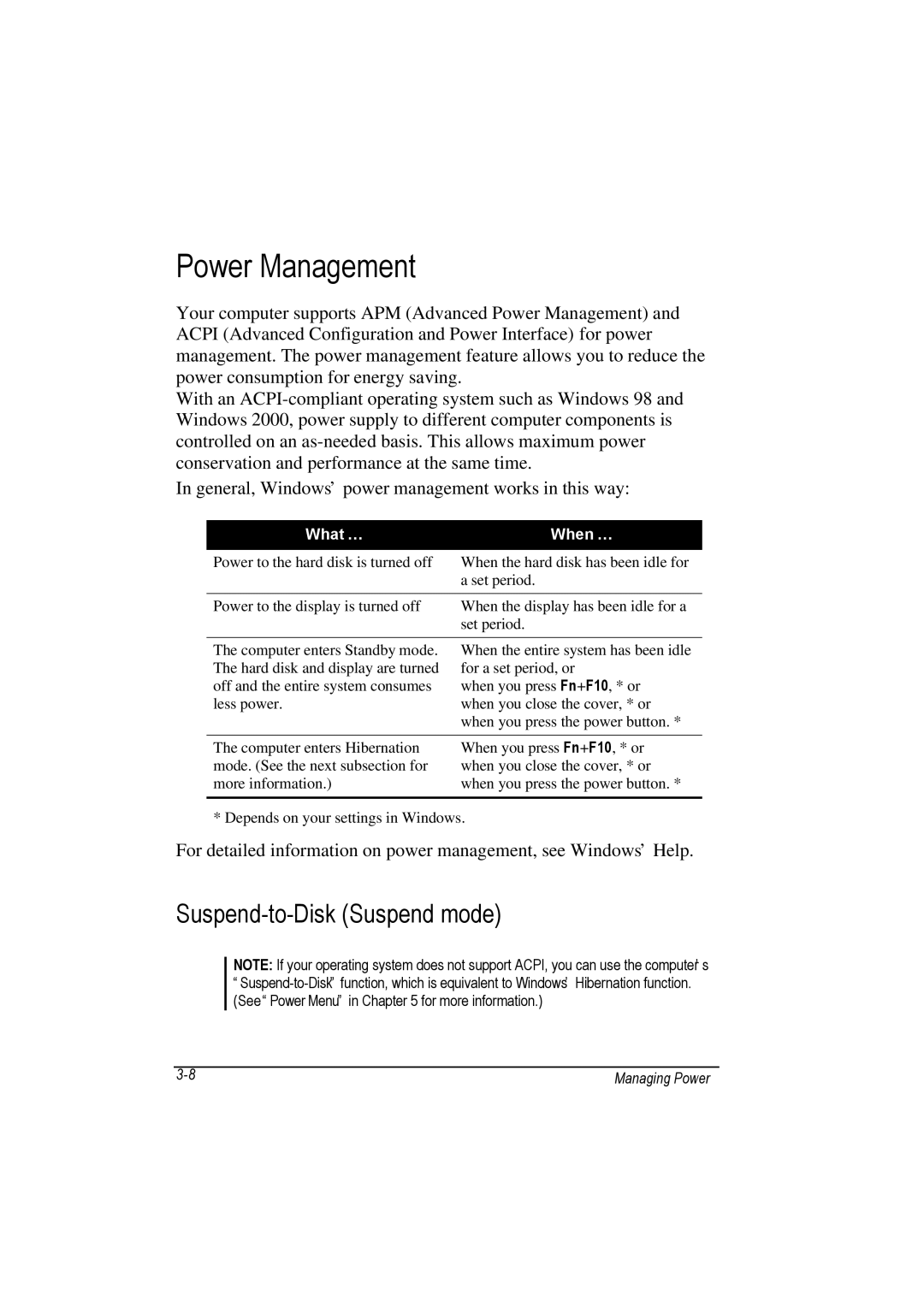 Motorola L3391, L3392 owner manual Power Management, Suspend-to-Disk Suspend mode 