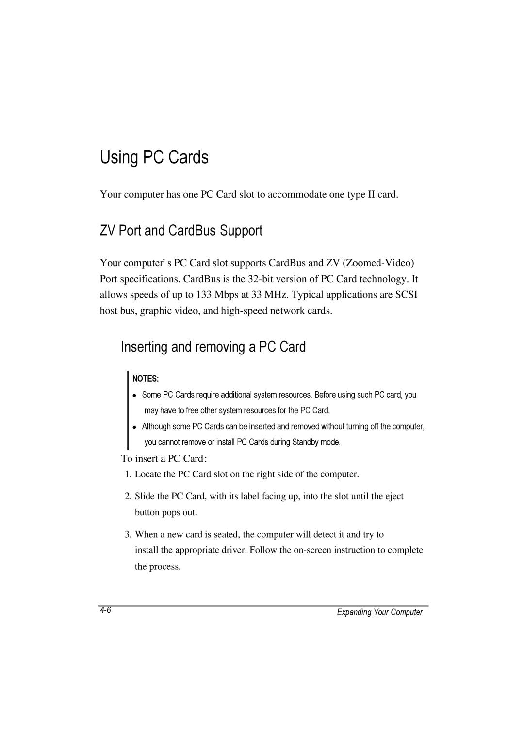 Motorola L3391, L3392 Using PC Cards, ZV Port and CardBus Support, Inserting and removing a PC Card, To insert a PC Card 