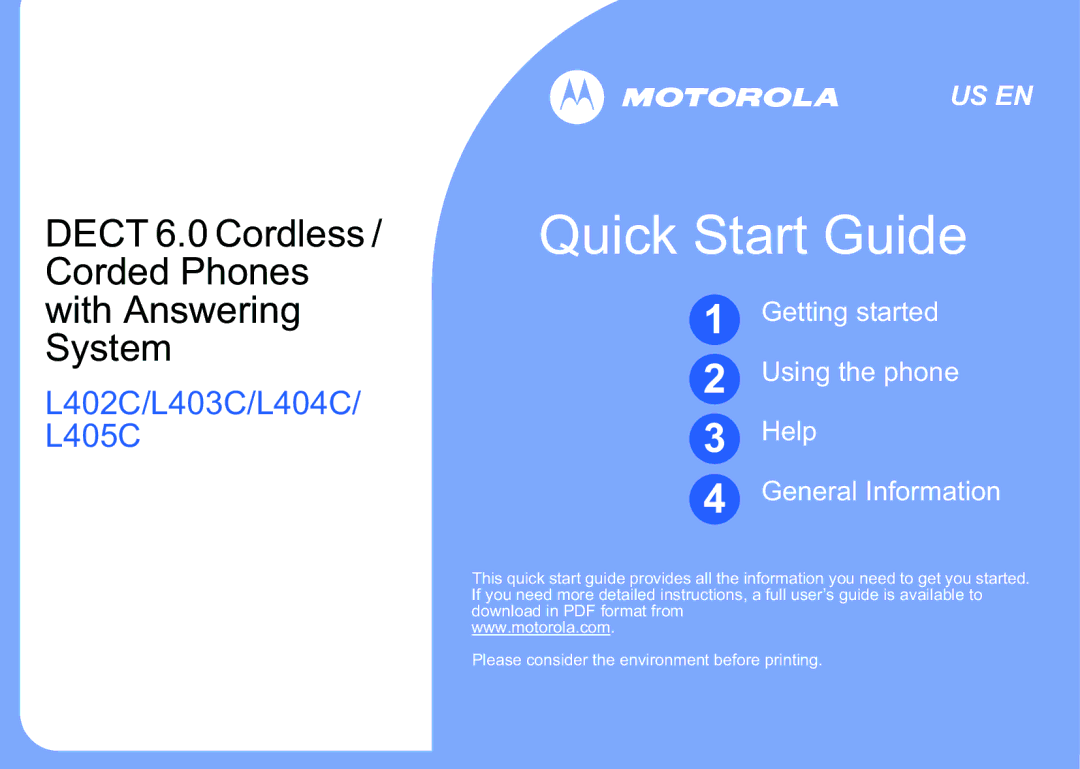 Motorola L404xC manual 4XLFN6WDUW*XLGH 