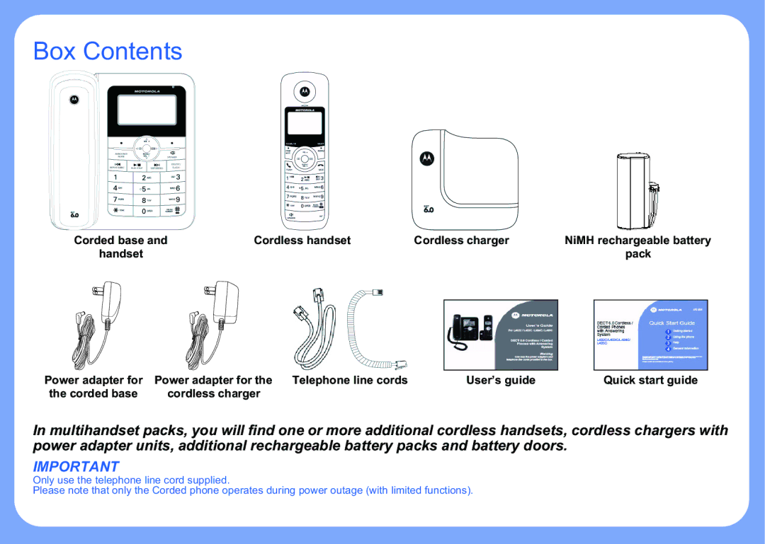 Motorola L404xC manual &Rqwhqwv, 03257$17, RugohvvKdqgvhw RugohvvFkdujhu, 8VHU¶VJXLGH, FrugohvvFkdujhu 