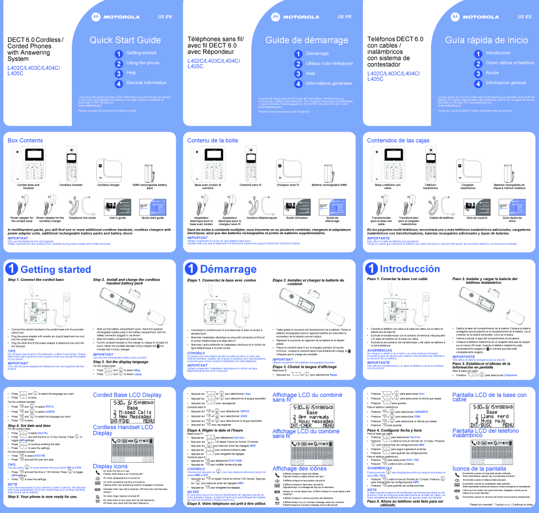 Motorola L404C, L405C, L402C quick start Box Contents Contenu de la boite Contenidos de las cajas, Corded Base LCD Display 