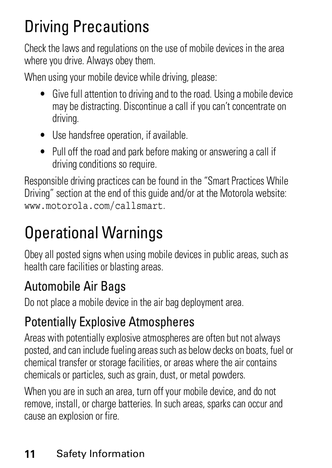 Motorola L6 GSM 1900 MHz, L6 GSM 1800 MHz, L6 GSM 900 MHz user manual Driving Precautions, Operational Warnings 