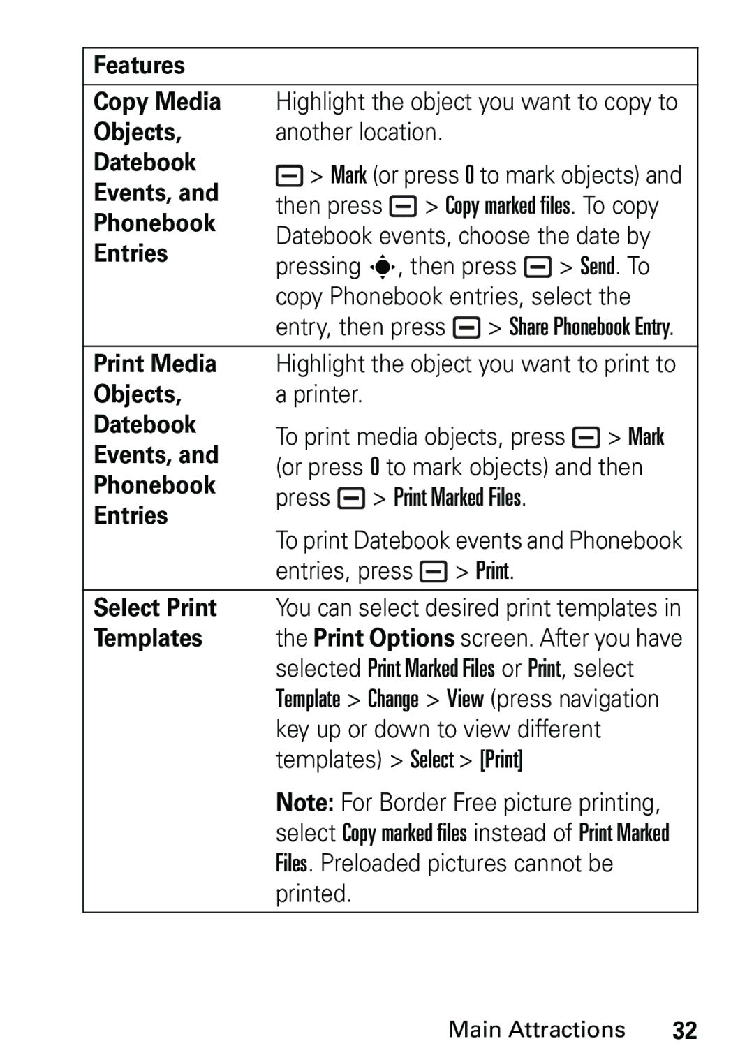 Motorola L6 GSM 1900 MHz, L6 GSM 1800 MHz user manual Features, Copy Media, Objects, Datebook, Events, Phonebook, Entries 