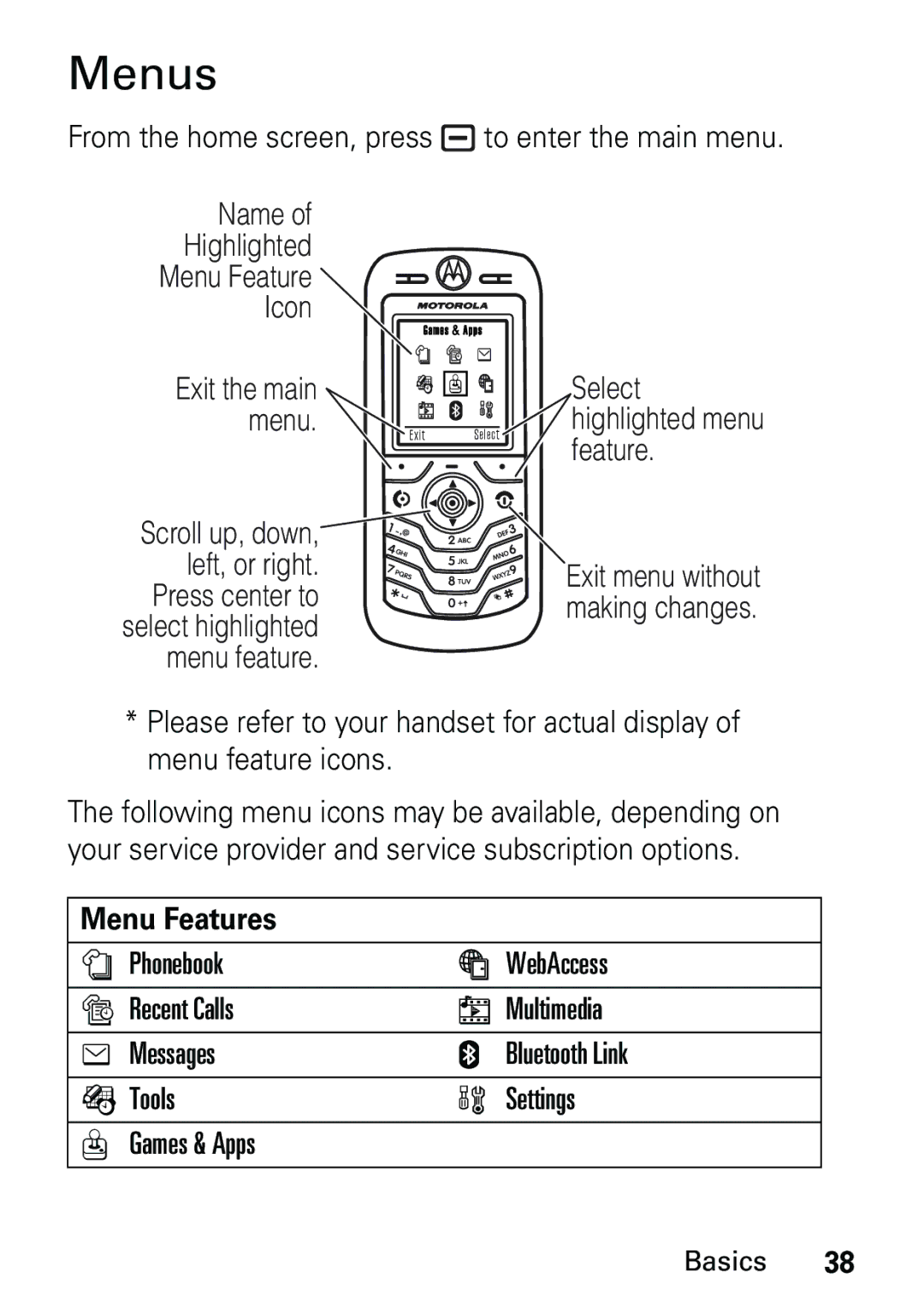 Motorola L6 GSM 1900 MHz, L6 GSM 1800 MHz, L6 GSM 900 MHz user manual Menus, Left, or right, Menu Features 