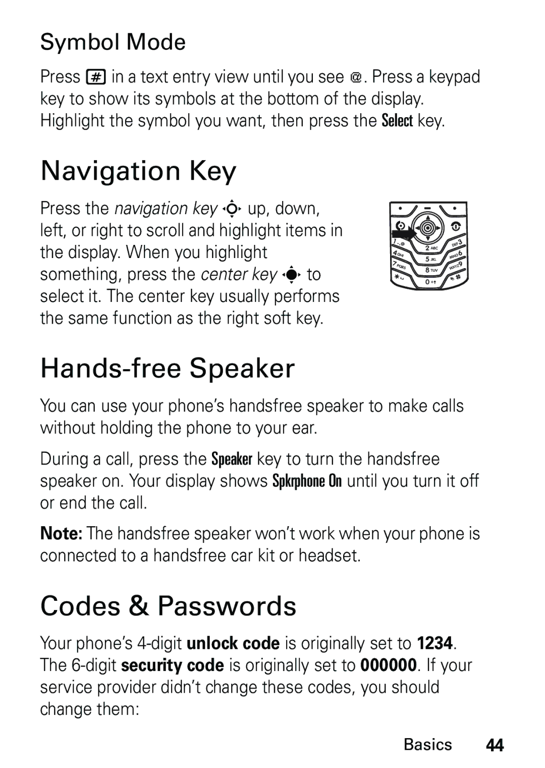 Motorola L6 GSM 1900 MHz, L6 GSM 1800 MHz user manual Navigation Key, Hands-free Speaker, Codes & Passwords, Symbol Mode 