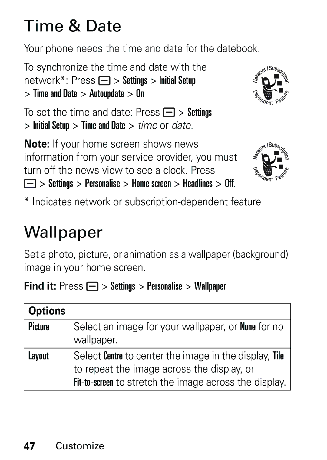 Motorola L6 GSM 1900 MHz, L6 GSM 1800 MHz Time & Date, Wallpaper, Your phone needs the time and date for the datebook 