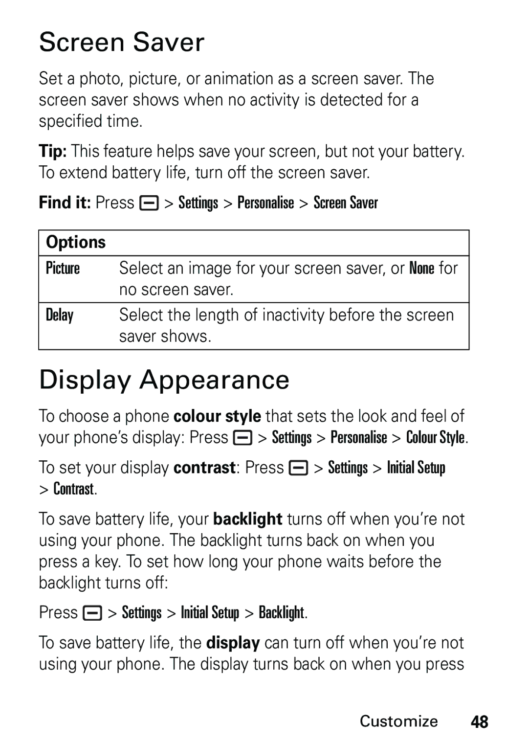 Motorola L6 GSM 1800 MHz, L6 GSM 1900 MHz, L6 GSM 900 MHz user manual Screen Saver, Display Appearance 