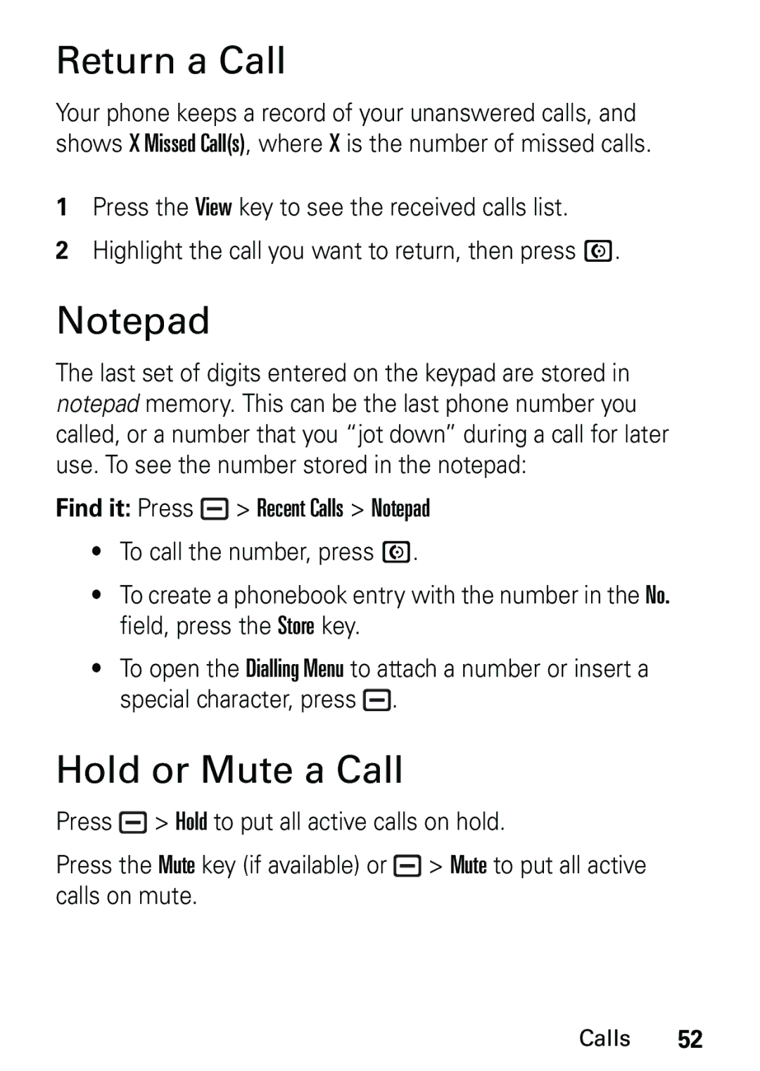 Motorola L6 GSM 900 MHz, L6 GSM 1900 MHz, L6 GSM 1800 MHz user manual Return a Call, Hold or Mute a Call 