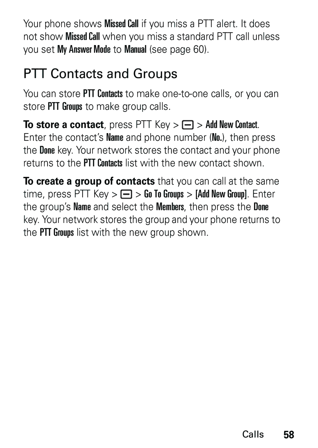 Motorola L6 GSM 900 MHz, L6 GSM 1900 MHz, L6 GSM 1800 MHz user manual PTT Contacts and Groups 