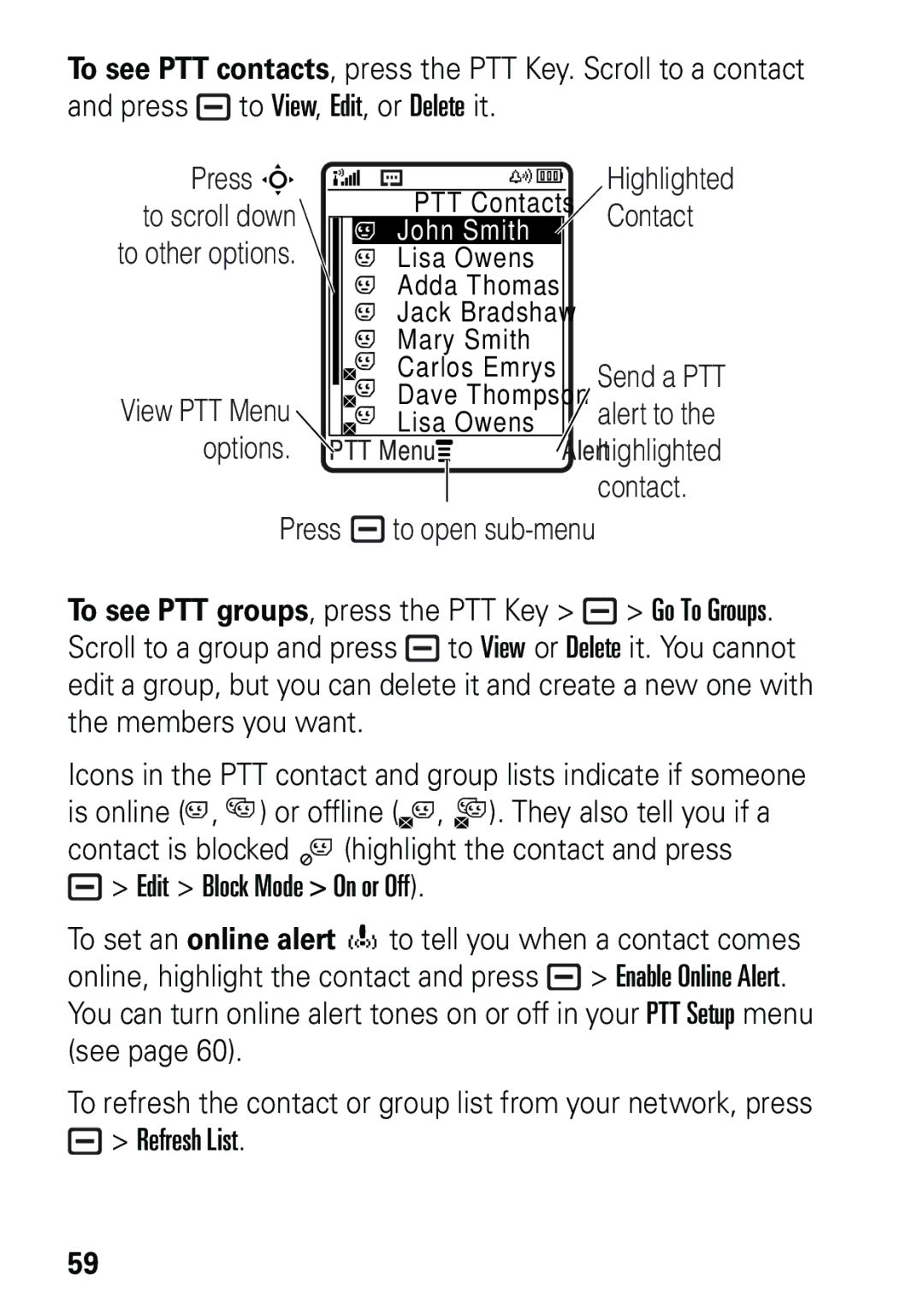 Motorola L6 GSM 1900 MHz, L6 GSM 1800 MHz, L6 GSM 900 MHz user manual PTT Contacts 