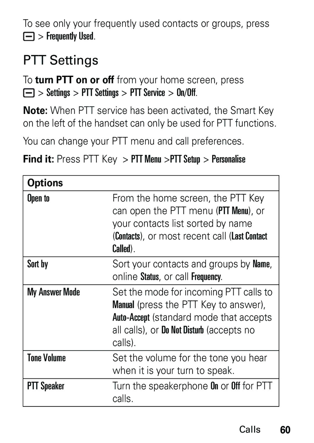 Motorola L6 GSM 1800 MHz, L6 GSM 1900 MHz, L6 GSM 900 MHz user manual PTT Settings 