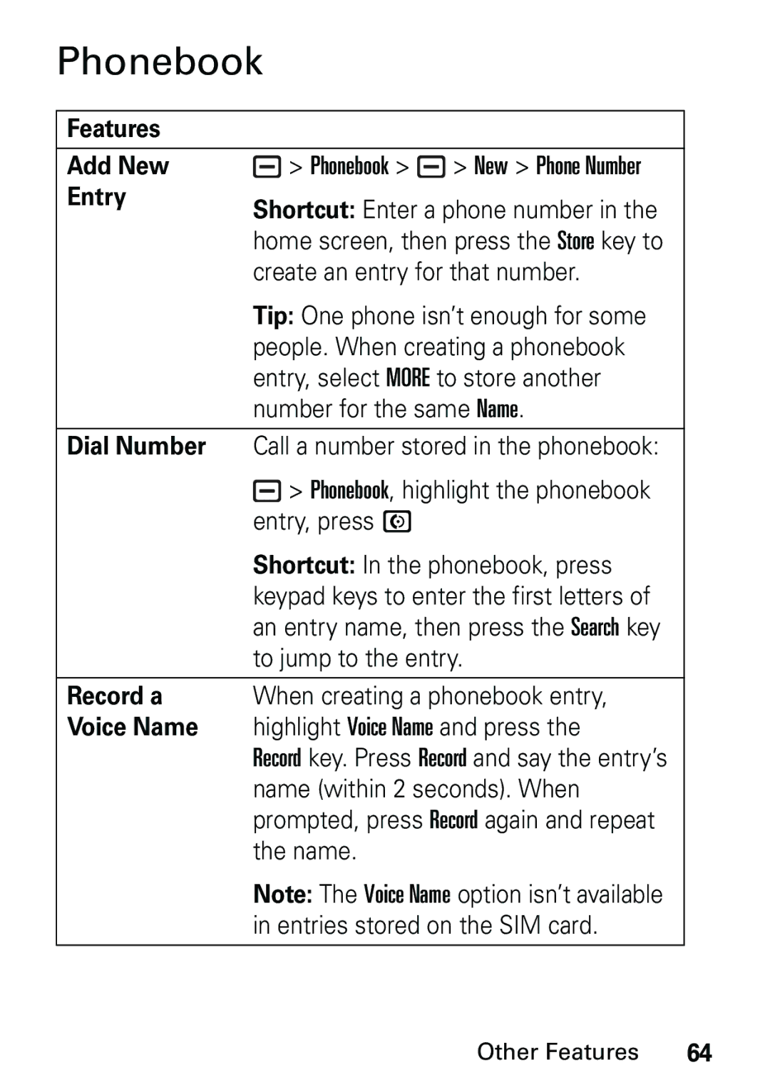 Motorola L6 GSM 900 MHz, L6 GSM 1900 MHz, L6 GSM 1800 MHz Phonebook, Features Add New, Entry, Record a, Voice Name 