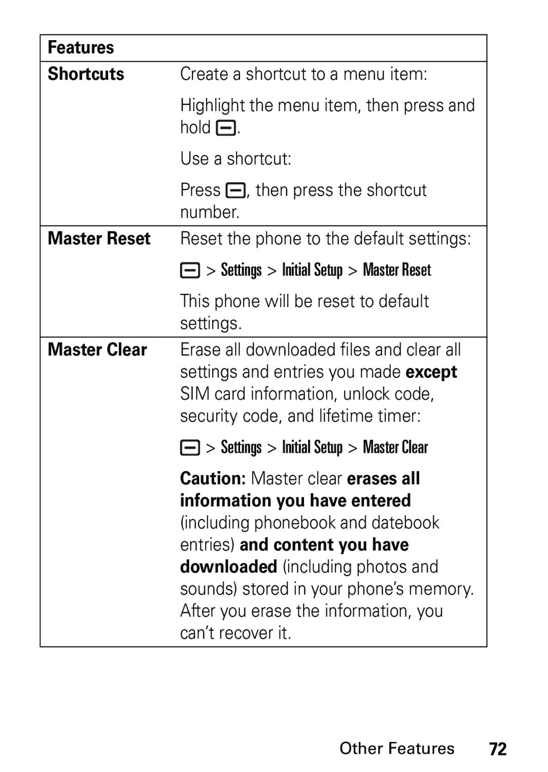 Motorola L6 GSM 1800 MHz, L6 GSM 1900 MHz, L6 GSM 900 MHz user manual Settings Initial Setup Master Clear 