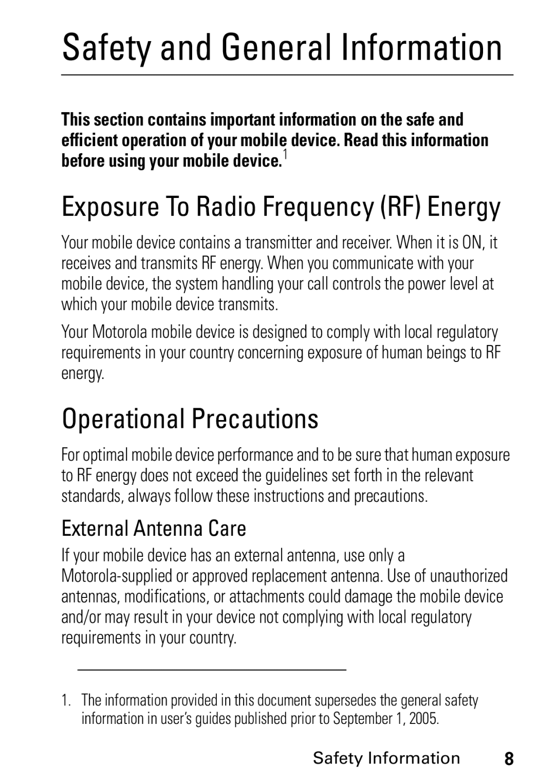 Motorola L6 GSM 1900 MHz, L6 GSM 1800 MHz, L6 GSM 900 MHz user manual Safety and General Information, Operational Precautions 