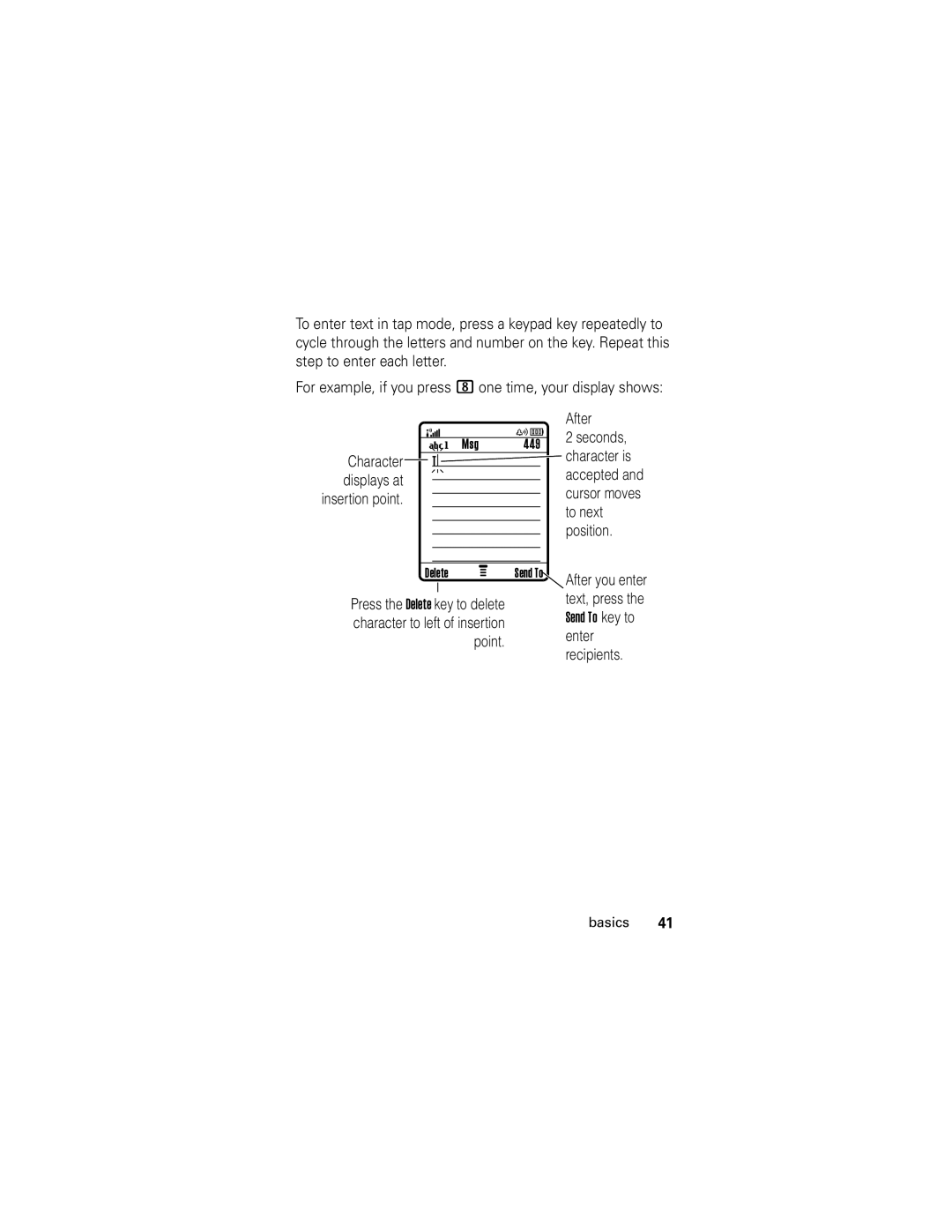 Motorola L6 GSM manual Character is, Displays at, To next, Position, Character to left of insertion Point. enter recipients 