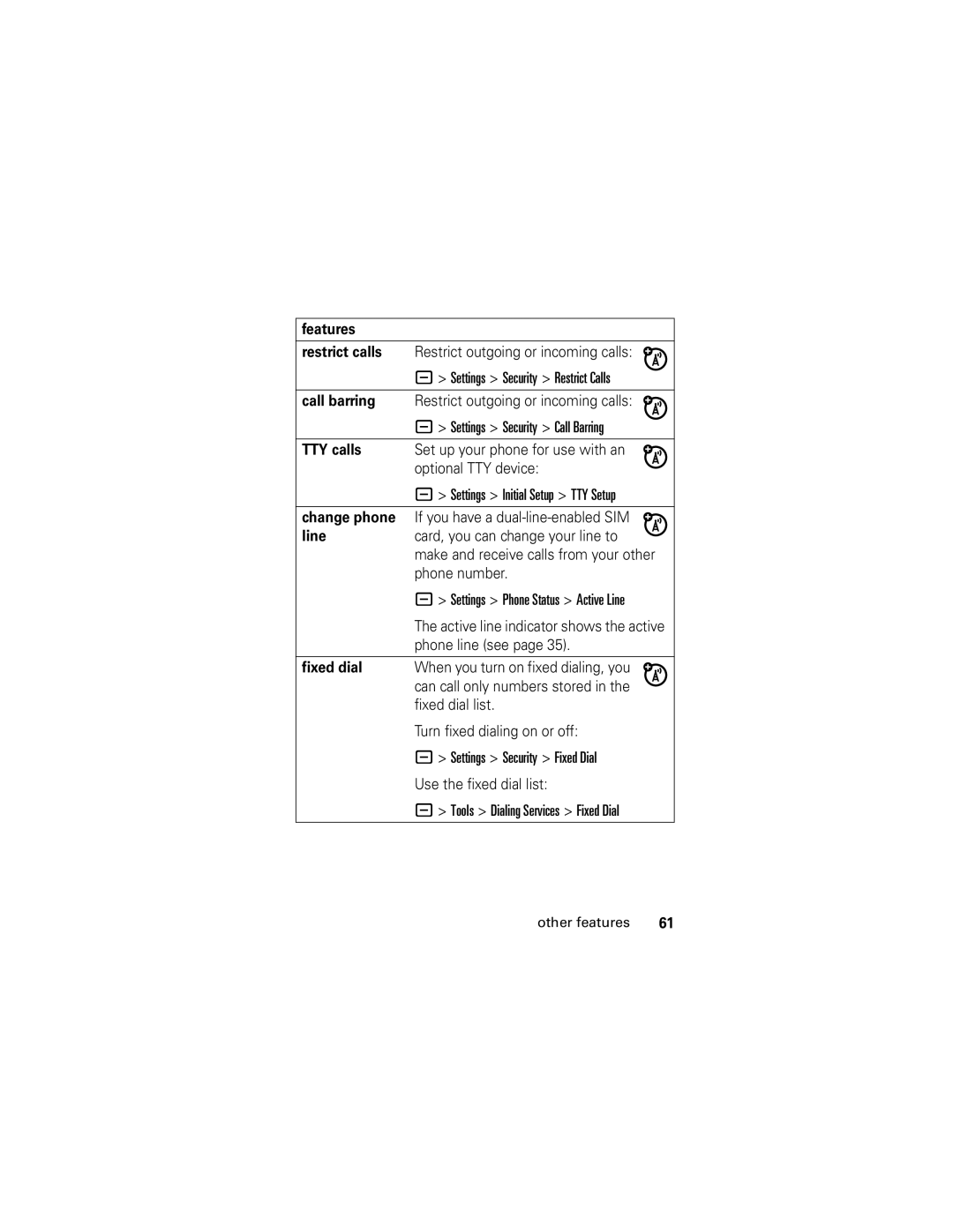 Motorola L6 GSM manual Features Restrict calls, Call barring, TTY calls, Change phone, Line, Fixed dial 